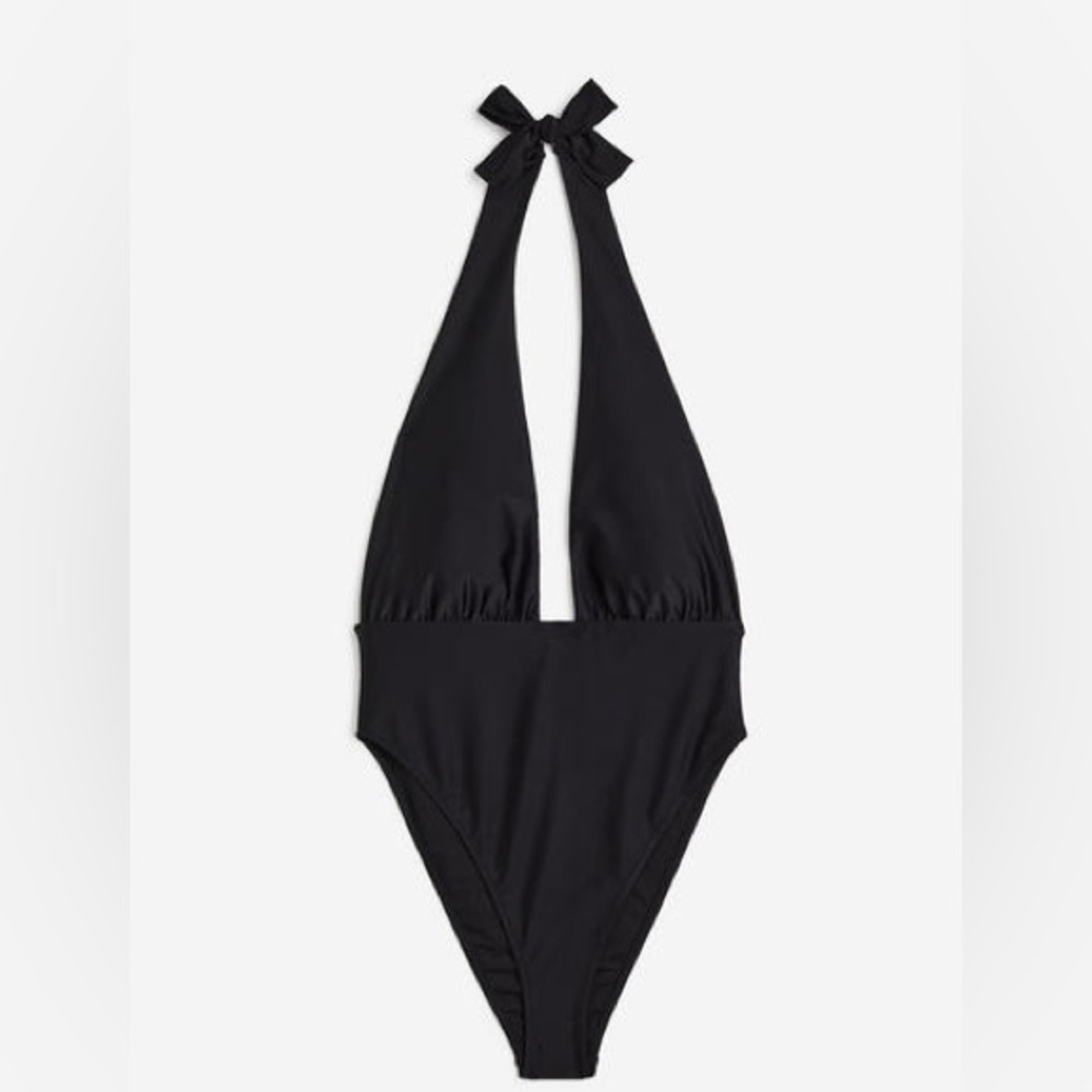 H&M High-leg Black Halter One-Piece Swimsuit